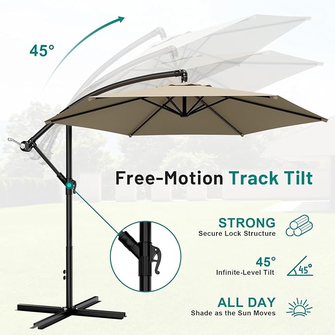 AreShark 10FT Patio Outdoor Umbrella, Offset Patio Umbrella Cantilever Umbrella, 6 Sturdy Ribs, Easy Adjustment for Garden Market Pool with Cross Base (Beige)