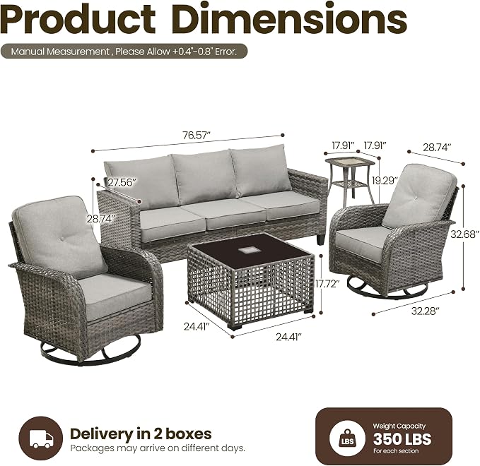 5 Piece Wicker Patio Furniture with Swivel Rocker Chair, Dark Gray | High Back Swivel Rocker Chairs, All Weather Rattan Outdoor Sofa, Solar Lights Table, Modern Conversation Sets, Deck Backyard