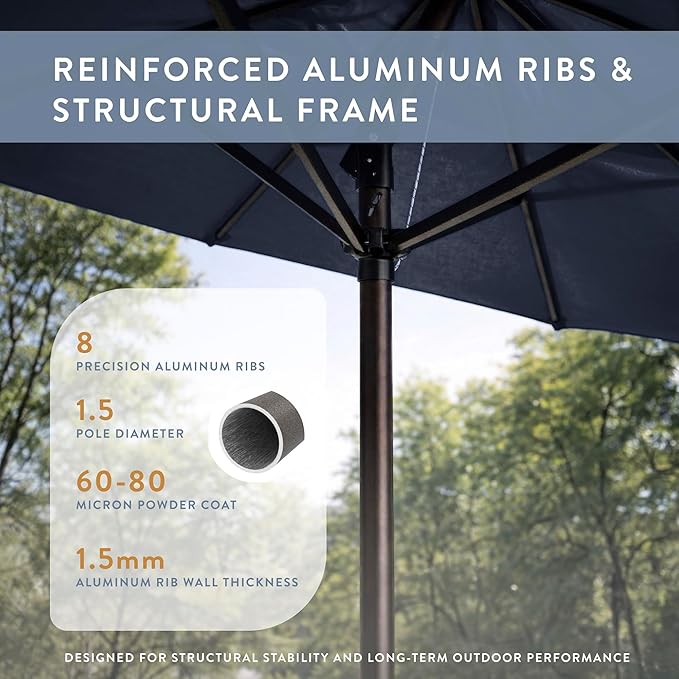 California Umbrella 12-Year Protection 9-Ft Outdoor Patio Umbrella, Sunbrella Fade-Resistant Fabric, Auto-Tilt, Heavy Duty Aluminum Frame, 8 Reinforced Ribs for Pool or Deck, Bronze Pole, Spectrum Indigo