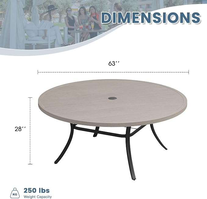 DIFY 63" Round Outdoor Patio Dining Table for 8-10, Metal Patio Table with 1.57" Adjustable Umbrella Hole, All-Weather Outdoor Furniture Table for Garden Backyard Deck, Grey Wood-Like