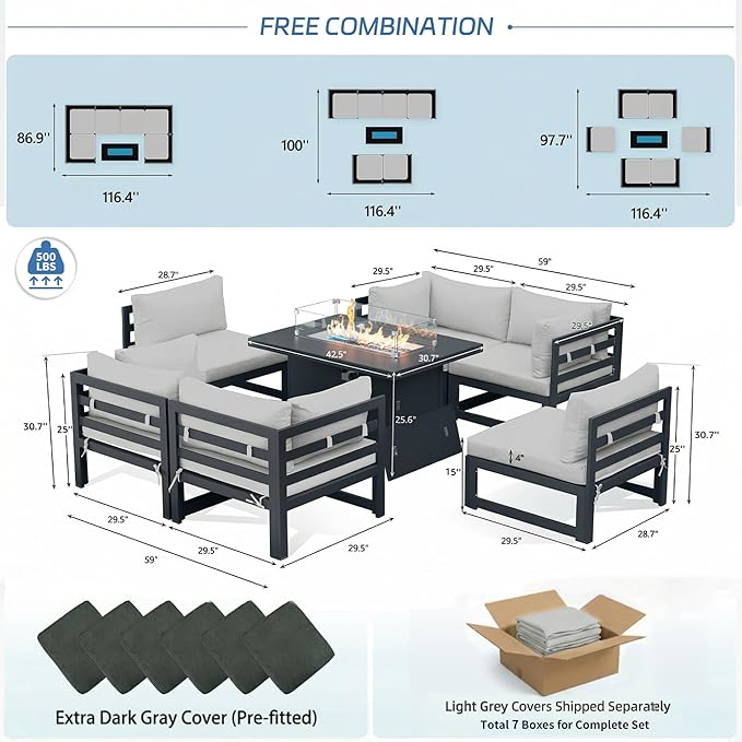 NICESOUL 7 Piece Oversized Modular Aluminum Outdoor Furniture Set with Fire Pit Table, 29" Deep Wide Sectional Seating, 500 lbs High Weight Capacity Patio Conversation Set for Garden Deck, Light Grey