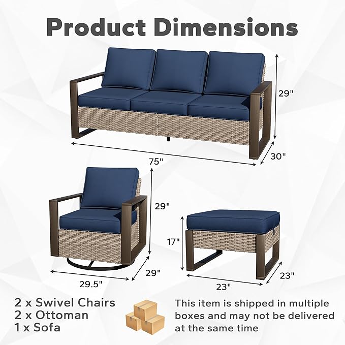 Outdoor Patio Swivel Rocker Chairs, 5 Pieces Wicker Furniture Set, 2 Swivel Rocking Chairs, 1 Sofa and 2 Ottoman, Metal Wide Armrest, Thick Cushions and Deep Seating for Garden, Backyard, Porch, Deck