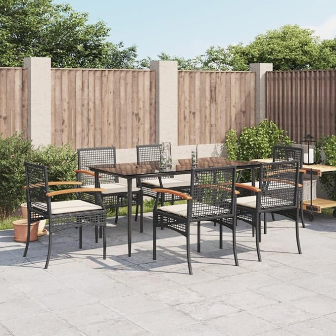 7 Piece Patio Dining Set with Cushions, Outdoor Sofa Sets Outdoor Lounge Sets Porch Furniture Set Patio Conversation Set for Garden Poolside Exhibition Negotiation Area Black Poly Rattan