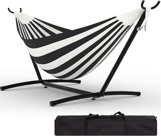 2-Person Hammock with Stand,Portable Double Hammock, Portable & Space-Saving, 450 Lbs, Comfortable Polyester Cotton for Outdoor, Patio, Garden, Camping – Includes Carry Bag