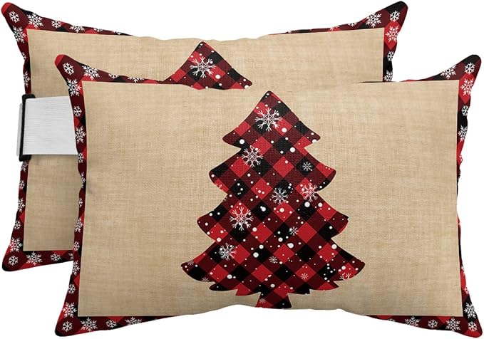 Outdoor Pillows Covers with Inserts Christmas Red and Black Buffalo Tree and Snowflake Waterproof Pillow with Adjustable Strap Throw Pillows for Patio Furniture Recliner Lounge Chair, 12x20 inch, 2PCS
