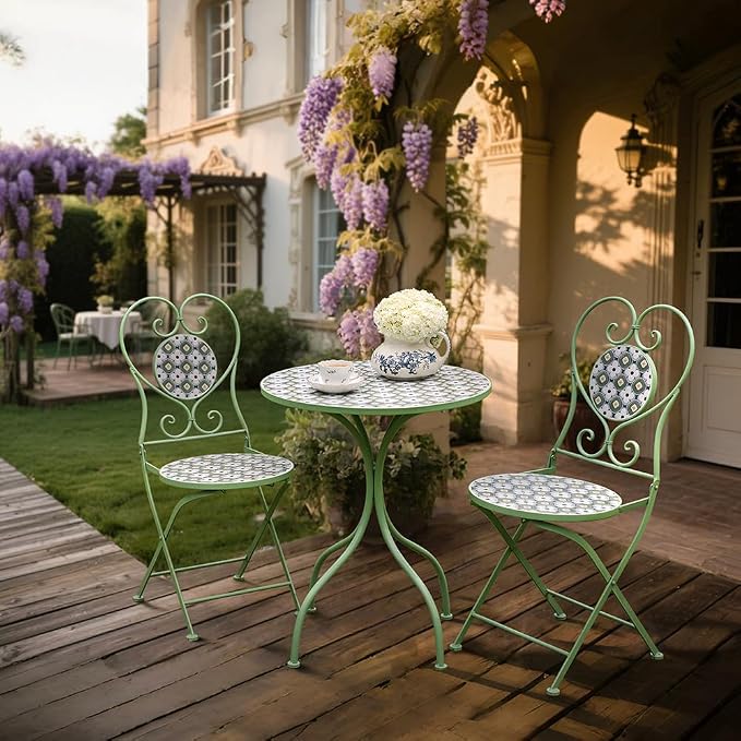 Round Outdoor Side Table Patio Bistro Ceramic Mosaic Patterned Design Tile Top Round Table Outdoor Garden 24 Inch Metal Furniture Dining Table for Yard Balcony Porch Poolside Terrace Green