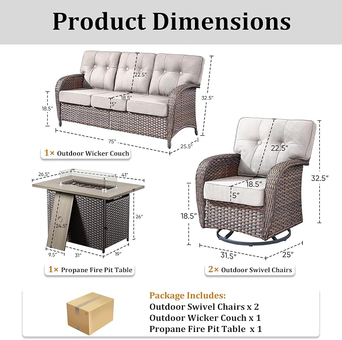 4-Piece Luxury Patio Furniture Set with Fire Pit Table, Weather Resistant Rattan High Back Swivel Rocker Chairs Senior Friendly Conversation Set for Small Porch Deck Sunroom Brown/Beige