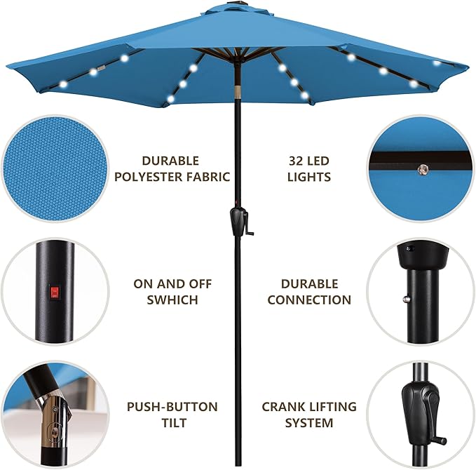 9' Round Patio Umbrella with 32 Solar Powered LED Lights, Push-Button Tilt and Hand Crank Lift, Solar Umbrella in Teal for Porch, Deck, and Patio by Sun-Ray