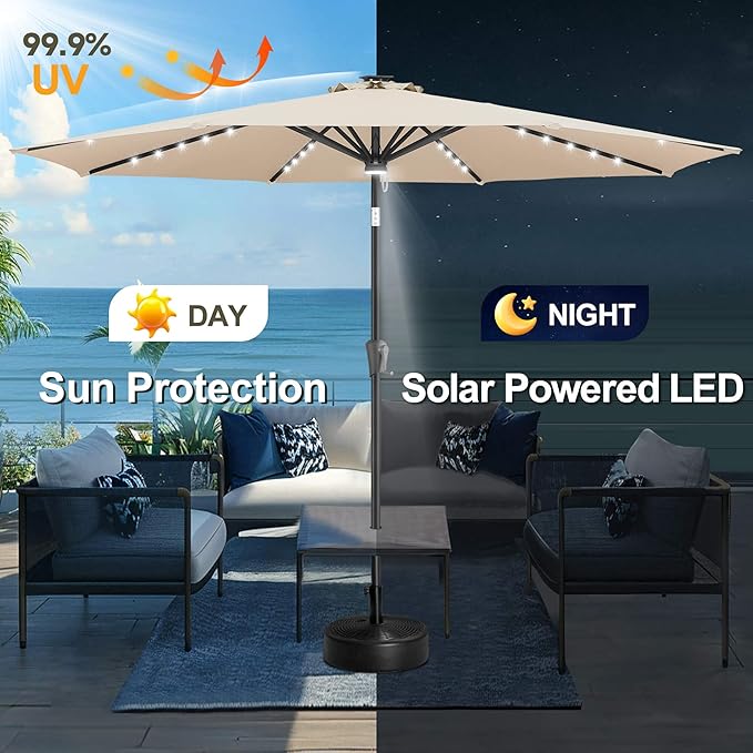FLAME&SHADE 11 FT Solar Light Patio Umbrella, 40 LED lights outdoor umbrella with Centre Surround Light, Table Market Umbrella for Deck, Pool, Porch, Backyard, Garden, UV Protection, Beige