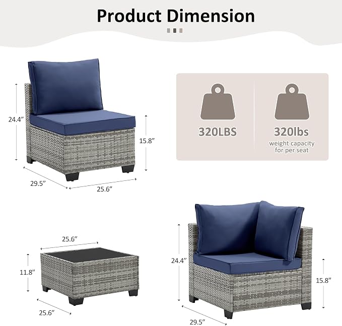 ANJ Outdoor Wicker Patio Chairs Set of 2, Modular Armless Patio Seating with Thick Cushions, All-Weather Rattan Conversation Chair Set for Porch, Balcony, Garden, Backyard, Light Grey Wicker-Blue