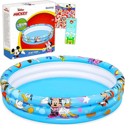 Mickey and Friends Inflatable Pool - Bundle with Disney Inflatable Kiddie Pool for Boys, Girls, Kids Plus Stickers, More | Mickey and Friends Kiddie Pool Set (48" L x 48" W x 10" H)