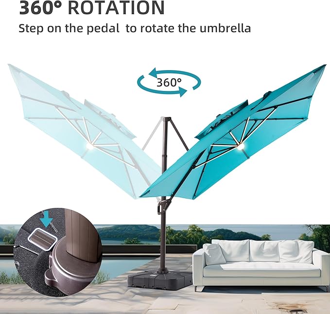 10 X 13 FT Cantilever Patio Umbrella with Led Lights and Base Included Heavy Duty Outdoor Double Top Large Rectangle Offset Umbrellas with 360-degree Rotation for Garden Pool Deck Backyard, Turquoise