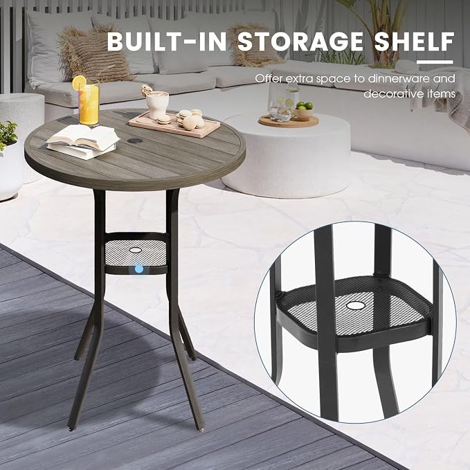 DIFY Patio Bar Height Table, 35.5" Round Outdoor Bistro Table with 1.57" Umbrella Hole for Poolside, Balcony, Pub and Garden, Grey Wood-Like
