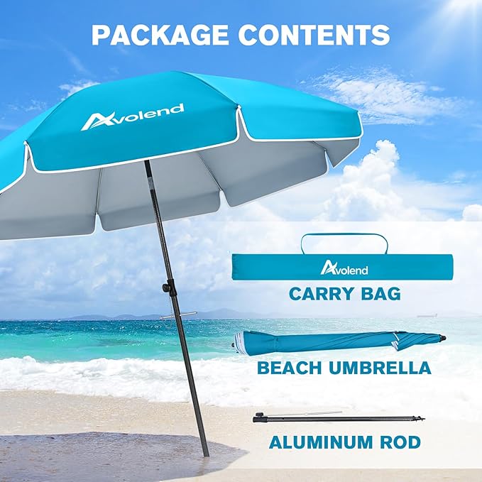 8.5FT Beach Umbrella, Portable Outdoor Umbrellas for Sand with Anchor Heavy Duty High Windproof, Height Adjustable Tilt Iron Pole, Patio Umbrella UV 50+ Protection Air Vent, Patio Garden Pool