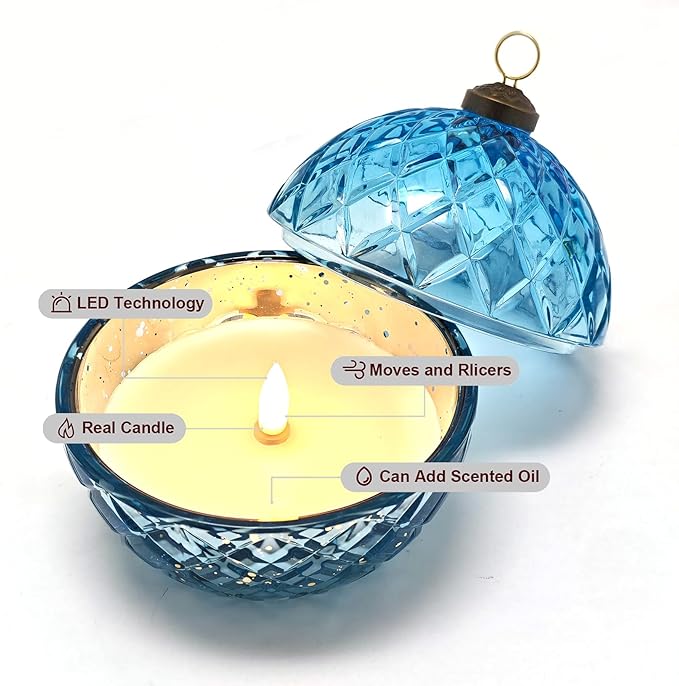 WNP Glass Flameless LED Candles Decorative Light Birthday Gift for Her,Battery Operated Flickering Electric LED Ball Candles,Jar Candle for Home with Glass Cover Gifts for Mom,Sister,Women(Blue)