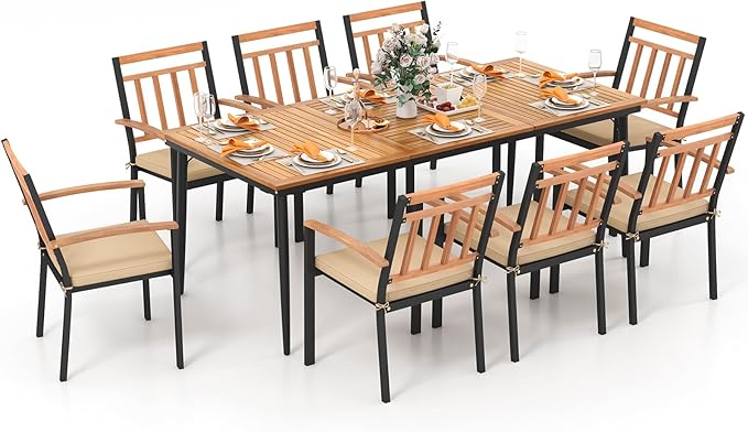 Tangkula 9-Piece Patio Dining Set, 79" Rectangle Dining Tables with 8 Wooden Armchairs, Outdoor Acacia Wood Dining Furniture Set with 1.9" Umbrella Hole for Garden, Porch, Deck