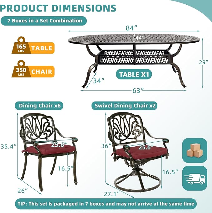 MEETWARM 9-Piece Outdoor Patio Dining Set, All-Weather Cast Aluminum Patio Conversation Set with 2 Swivel Rocker Chairs, 6 Stationary, 1 Oval Table, 8 Cushions, 2" Umbrella Hole, Chili Red