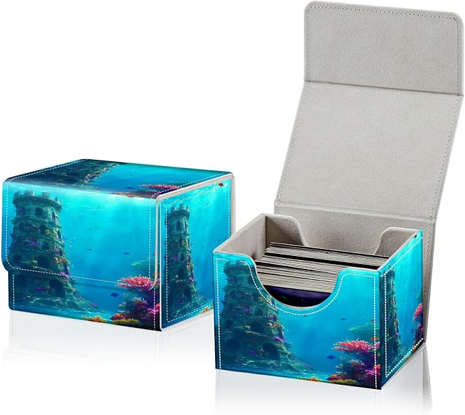 Card Deck Box for MTG, Cards Storage Box Fits 120+ Sleeved, Leather Small Size Strong Magnetic Closing Card Case for Board Games Magic TCG CCG Baseball Collection, Underwater Castle