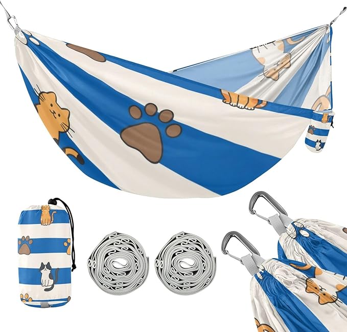 Blue White Striped Cat Paw 330lb Capacity Camping Hammock with Hanging Rope Portable Hammock for Outside Camping Essentials Silla hamacas para adultos