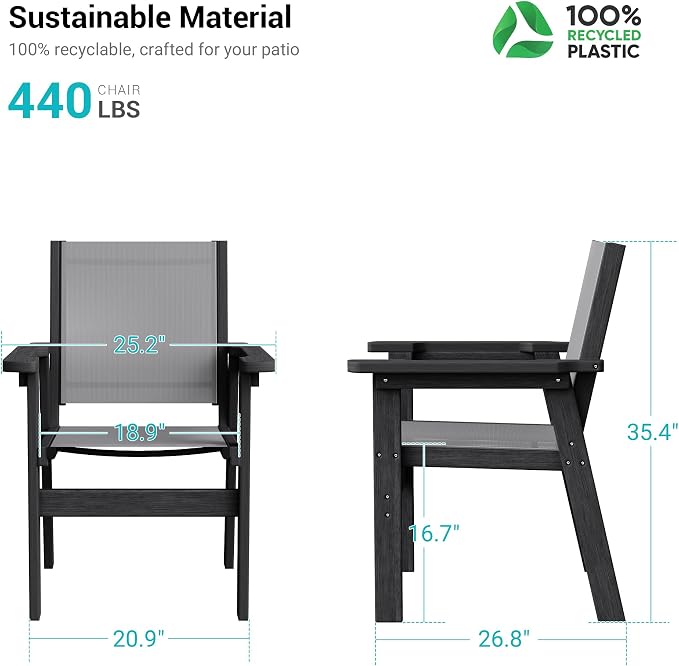HDPE Outdoor Dining Chairs Set of 2 | Textilene Weather Resistant Patio Stackable Chairs for Garden, Backyard, Lawn and Poolside, Black