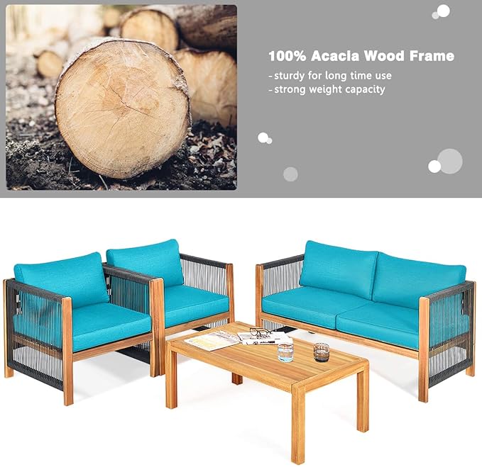 Tangkula Outdoor Wood Furniture Set, Acacia Wood Loveseat Sofa, 4 Single Chairs and 2Coffee Tables, 8 Pieces Conversation Set with Cushions, Garden Balcony Poolside Outdoor Living Set (2, Turquoise)