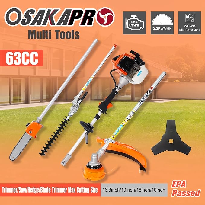 63CC 2-Cycle String Trimmer Edger Weed Eater, 4-in-1 Multi Garden Tools with Gas Pole Saw, Hedge Trimmer, Grass Trimmer and Brush Cutter EPA Compliant, Lawn Mower Weed Wacker for Yard Lawn (Orange)