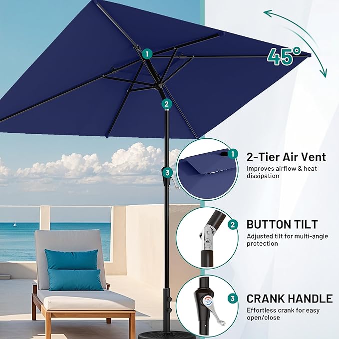 AreShark 6.5'x10' 2 Tiers Rectangular Patio Umbrella - Outdoor Umbrella Waterproof UV Protection, Market Table Umbrella w/Push Button Tilt for Pool, Lawn, Balcony(Navy)