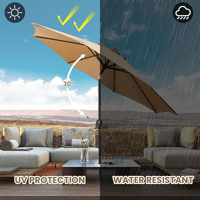Sun-Ray 9' Round Patio Umbrella with Push-Button Tilt and Hand Crank Lift System, Market Umbrella for Porch, Deck, and Patio