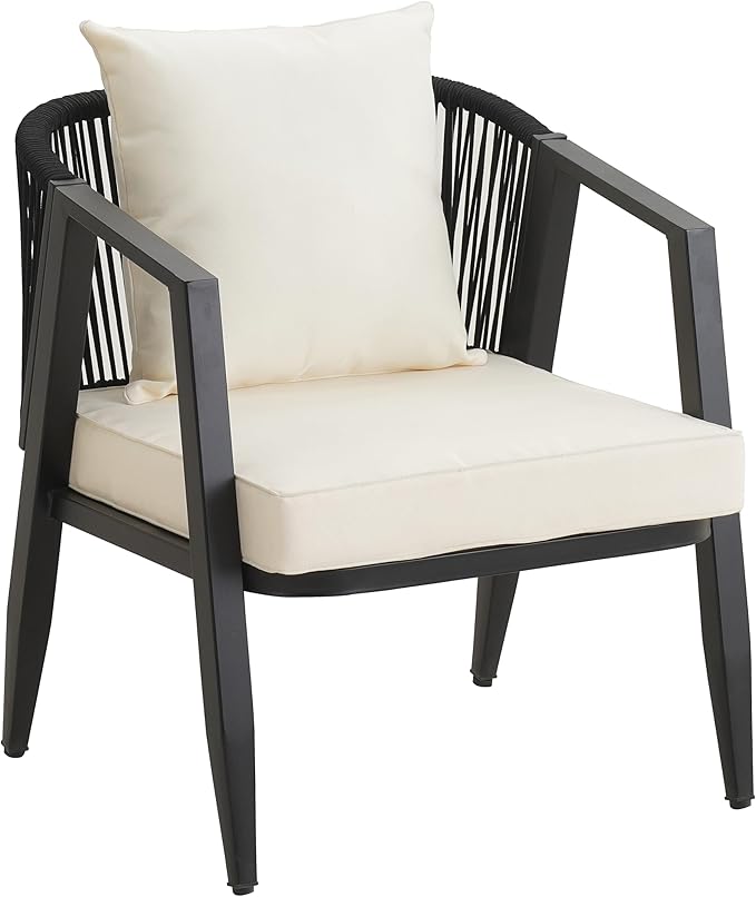 GDFStudio Aoxwe 4 Piece Outdoor Conversation Set, Rope Woven Club Chairs, Woven Open Back Loveseat, Slats Panel Design Coffee Table, Iron Frame Sectional Conversation Set for Poolside, Beige