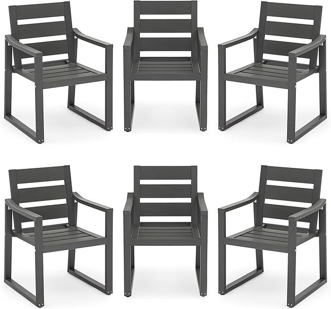 Cozyman HDPS Outdoor Dining Chairs Set of 6, 350 LBS, Patio Dining Chairs with Armrest, All Weather Outdoor Kitchen Chairs with Square Frame Legs for Outdoor Indoor, Lawn, Garden, Backyard, Dark Gray