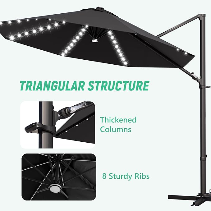 Greesum 10FT Outdoor Patio Umbrella with High Pedel and 4 Gear Heights, Large Offset Umbrella with Solar LED Lights and 360-degree Rotation, Without Base, Hanging Outdoor Shade for Garden, Black