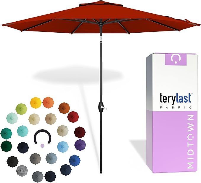 Midtown Umbrellas - 10-Year-No-Fade 8 Ft Patio Umbrella with Terylast Fabric, Auto-Tilt Aluminum Frame and 8 Reinforced Ribs for Deck, Pool, Garden & Beach - Apple Red Canopy, Black Pole