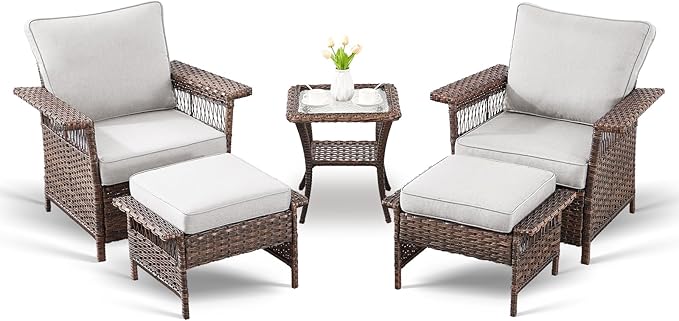 Outdoor Wicker Patio Furniture Set - 5 Piece Rattan Patio Conversation Sets with 2 Armrest Chairs,2 Ottomans and 1 Side Table for Porch Deck Garden(Brown/Beige)