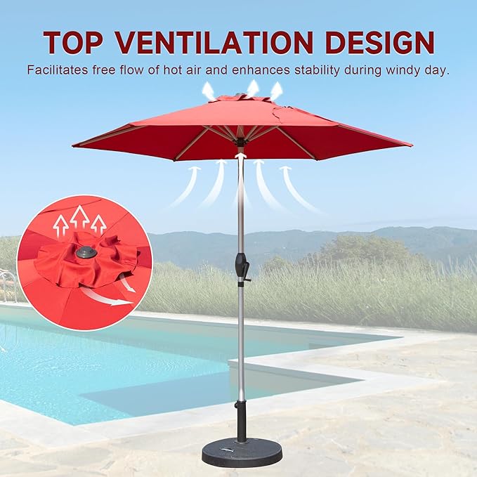 Domi 7.5FT Patio Umbrella Outdoor Market Umbrella with Silver Aluminum Pole, UV Resistant Canopy, Wind Vent, Tilt & Crank System, Perfect for Patio, Garden, Deck, Pool, Outdoor Dining, Red