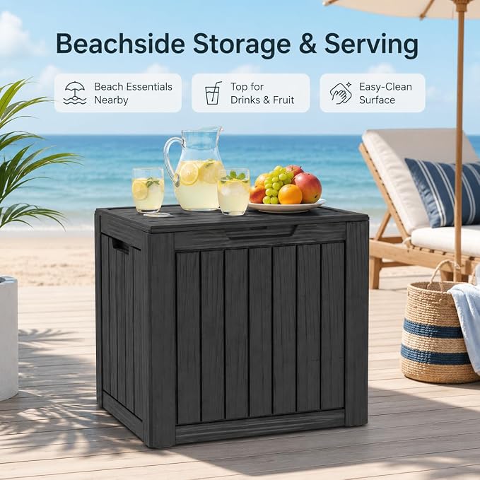 Outdoor Deck Patio Storage Box - 35 Gallon Small Outdoor Deck Box, Plastic Storage Bin with Lid, Outside Toy Box & Pool Storage Container for Cushions, Garden Tools, Towel, Lockable Chest, Black