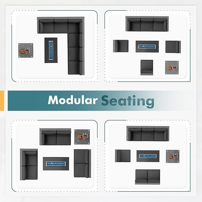 8 Pieces Outdoor Patio Furniture Set with 45” Propane Gas Firepit Table, Grey Wicker Patio Sectional Sofa Set, Outdoor Couch with Cushion and Tempered Glass Table, Grey