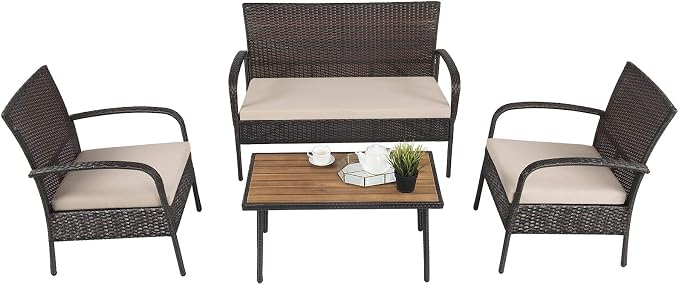 COSTWAY 4PCS Patio Rattan Furniture Set Outdoor Conversation Set Coffee Table w/Cushions