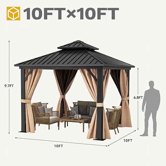 DWVO 10x10ft Hardtop Gazebo Double Roof Heavy Duty Galvanized Steel with Nettings and Curtains, for Patio, Backyard, Deck, Lawns, Brown