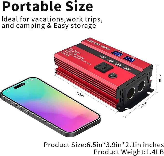 400W Power Inverters for Vehicles, Car Power Inverters DC 12V to 110V AC Car Plug Adapter Outlet with 2 Type-C (Equip with 2 USB), Fast Charger for Phone, Laptop (Red, 400W)