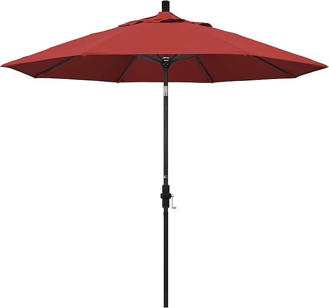California Umbrella 9' Round Aluminum Market Umbrella, Crank Lift, Collar Tilt, Bronze Pole, Red Olefin