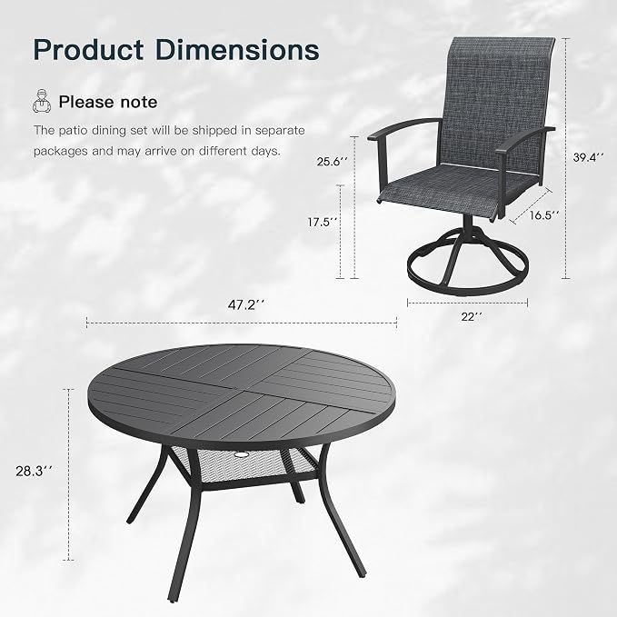 VICLLAX 5 Pieces Patio Outdoor Dining Set, 4 Swivel Textilene Chairs and 47.2" Round Metal Table with Umbrella Hole for Porch, Deck, Garden, Black