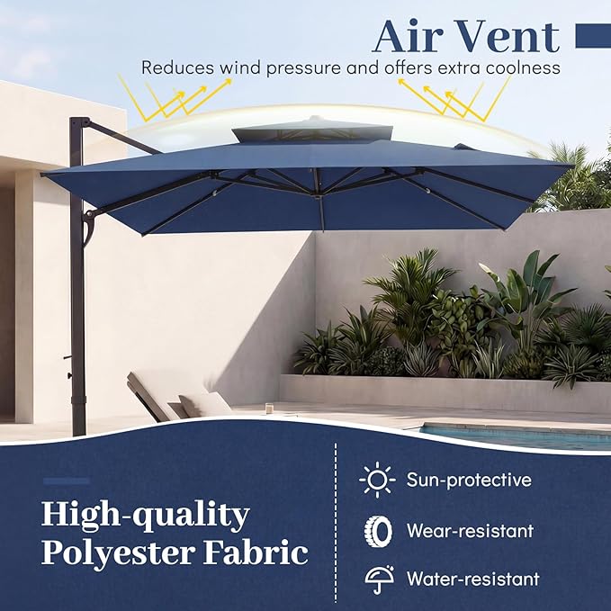 Tangkula 10 FT Patio Cantilever Umbrella, Large Square Offset Hanging Umbrella w/ 360° Rotation, 8 Sturdy Ribs, Air Vent & Cross Base, Heavy-Duty Outdoor Sun Shade for Backyard Pool Garden Deck, Navy Blue