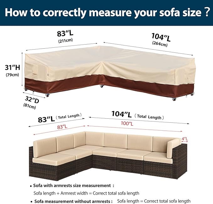 Outdoor Sectional Cover-L-Shaped Patio Furniture Covers Waterproof Rip-Stop Anti-UV 600D Outdoor Couch Sofa Cover with 3 Air Vents, Left-facing, 83''L(104''L)32''D 31''H