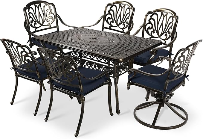VIVIJASON 7 Pieces Cast Aluminum Outdoor Furniture Dining Set, Patio Conversation Set, Include 4 Stationary Chairs, 2 Swivel Dining Chairs and a Rectangle Table with Umbrella Hole, Navy Blue Cushion