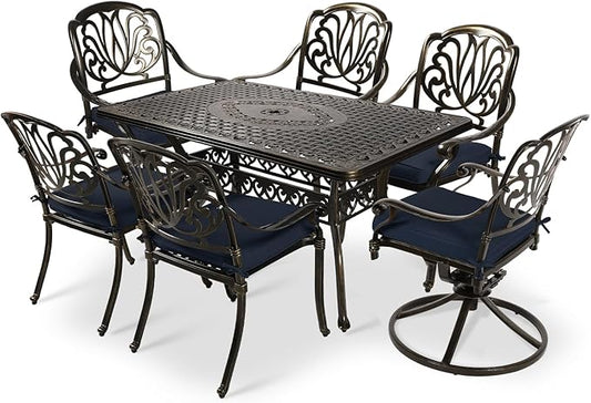 VIVIJASON 7 Pieces Cast Aluminum Outdoor Furniture Dining Set, Patio Conversation Set, Include 4 Stationary Chairs, 2 Swivel Dining Chairs and a Rectangle Table with Umbrella Hole, Navy Blue Cushion