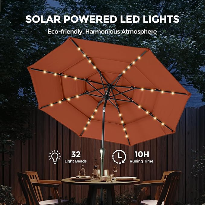HOMSHADE 9FT 3-Tier Solar Patio Umbrella Heavy Duty,Vented Market Table Umbrella Windproof w/32 LED Lights,UPF50+,5-Year Fade Resistant,8 Thicker Ribs for Pool,Lawn,Garden,Deck (Orange,No Base)