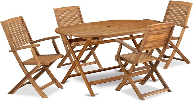East West Furniture DIHD5CANA 5 Piece Outdoor Patio Dining Sets Consist of an Oval Acacia Wood Table and 4 Folding Arm Chairs, 36x60 Inch, Natural Oil