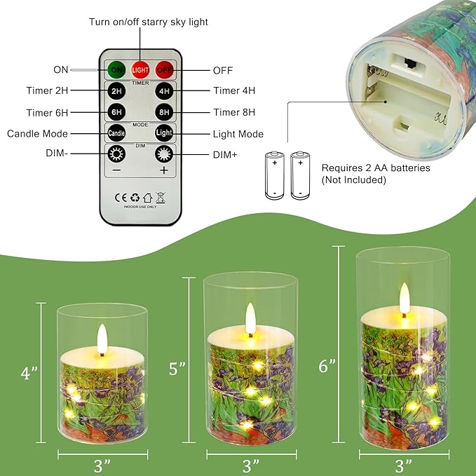 Flickering Flameless Candles, Recessed String Light LED Candles Acrylic Battery Operated LED Pillar Candles with Remote Van Gogh Art Painting Style for Home Decor Set of 3((Irises Printed)