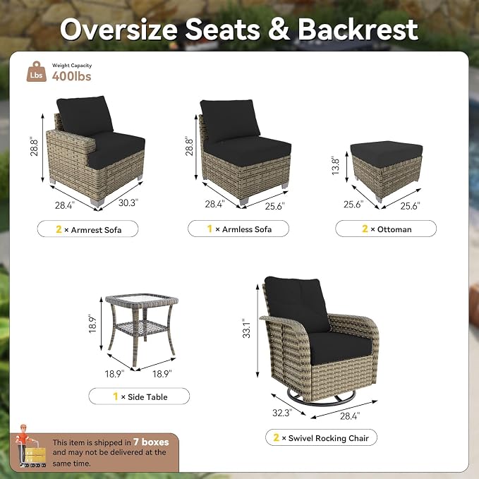 LET'S PATIO Luxury Patio Furniture Set，8 Piece Outdoor Furniture Sectional Set with Swivel Rocker Chairs of 2，All-Weather Patio Sectional Sofas with Thickened Cushions, Black