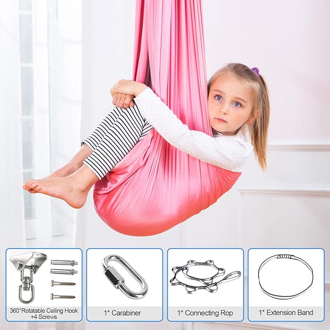 Therapy Swing Hammock Kids Cuddle Sensory Swing Indoor Therapeutic Hammock 360° Rotating Double Layer Elastic Rocking Cloth Swing Gifts for Children with ADHD SPD Asperger Autism (Pink+Grey)